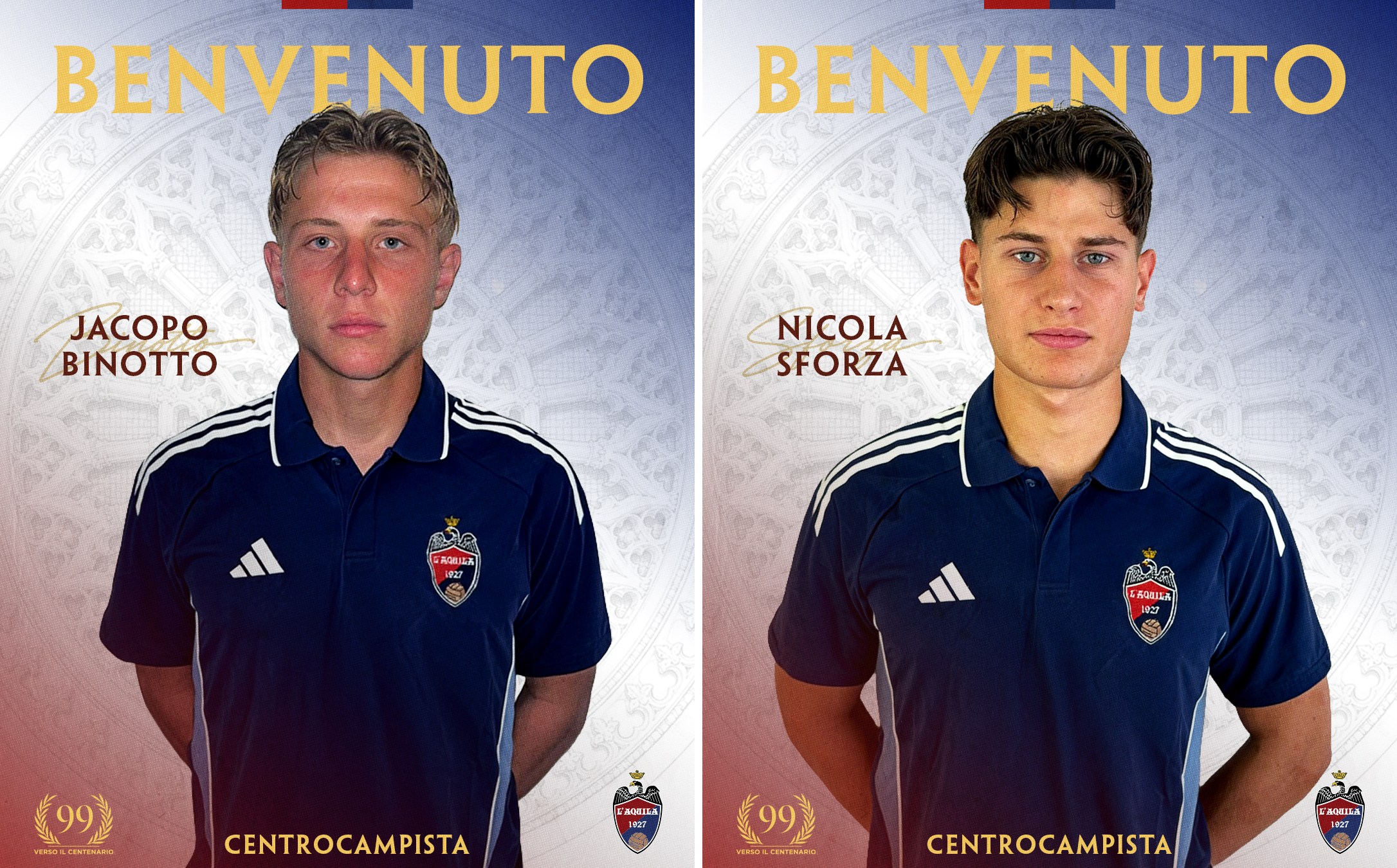 I neo acquisti Jacopo Binotto e Nicola Sforza alla classica foto di presentazione con la maglia de L'Aquila 1927. 